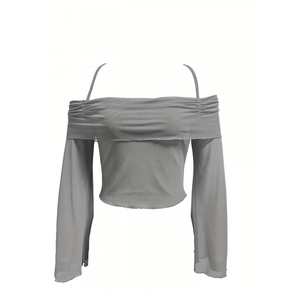 Solid Flared Sleeve Blouse, Casual Halter Neck Ruched Blouse, Women's Clothing Solid Flared Sleeve Blouse, Casual Halter Neck Ruched Blouse, Women's Clothing