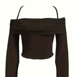 Solid Flared Sleeve Blouse, Casual Halter Neck Ruched Blouse, Women's Clothing Solid Flared Sleeve Blouse, Casual Halter Neck Ruched Blouse, Women's Clothing