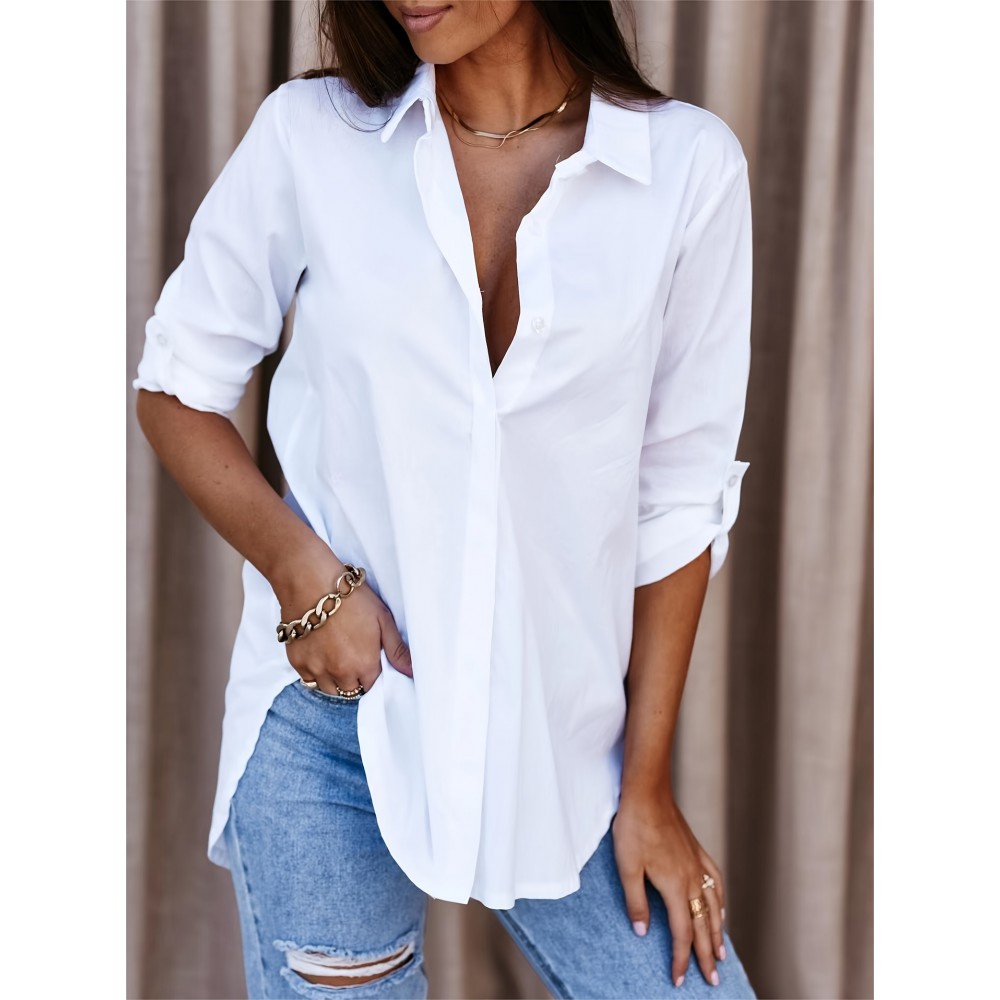 Solid Button Down Shirt, Casual Roll Up Sleeve Curved Hem Shirt, Women's Clothing Solid Button Down Shirt, Casual Roll Up Sleeve Curved Hem Shirt, Women's Clothing