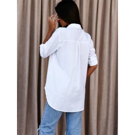 Solid Button Down Shirt, Casual Roll Up Sleeve Curved Hem Shirt, Women's Clothing Solid Button Down Shirt, Casual Roll Up Sleeve Curved Hem Shirt, Women's Clothing