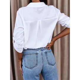 Solid Button Down Shirt, Casual Roll Up Sleeve Curved Hem Shirt, Women's Clothing Solid Button Down Shirt, Casual Roll Up Sleeve Curved Hem Shirt, Women's Clothing