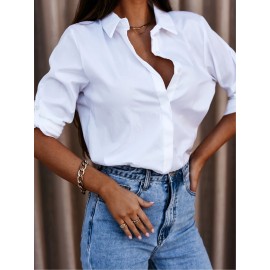 Solid Button Down Shirt, Casual Roll Up Sleeve Curved Hem Shirt, Women's Clothing Solid Button Down Shirt, Casual Roll Up Sleeve Curved Hem Shirt, Women's Clothing