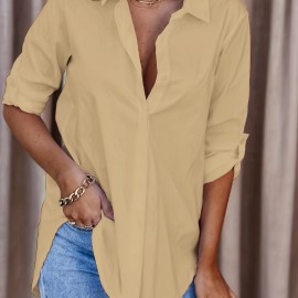 Solid Button Down Shirt, Casual Roll Up Sleeve Curved Hem Shirt, Women's Clothing Solid Button Down Shirt, Casual Roll Up Sleeve Curved Hem Shirt, Women's Clothing