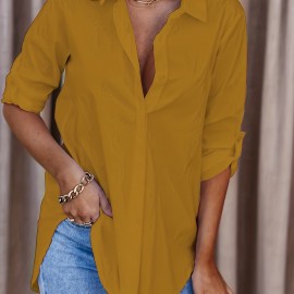 Solid Button Down Shirt, Casual Roll Up Sleeve Curved Hem Shirt, Women's Clothing Solid Button Down Shirt, Casual Roll Up Sleeve Curved Hem Shirt, Women's Clothing