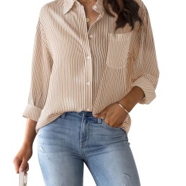 Women's Loose Striped Blouse, Crew Neck Long Sleeve Blouse, Casual Every Day Blouse, Women's Clothing Women's Loose Striped Blouse, Crew Neck Long Sleeve Blouse, Casual Every Day Blouse, Women's Clothing
