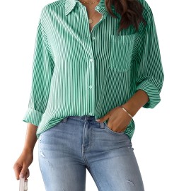 Women's Loose Striped Blouse, Crew Neck Long Sleeve Blouse, Casual Every Day Blouse, Women's Clothing Women's Loose Striped Blouse, Crew Neck Long Sleeve Blouse, Casual Every Day Blouse, Women's Clothing