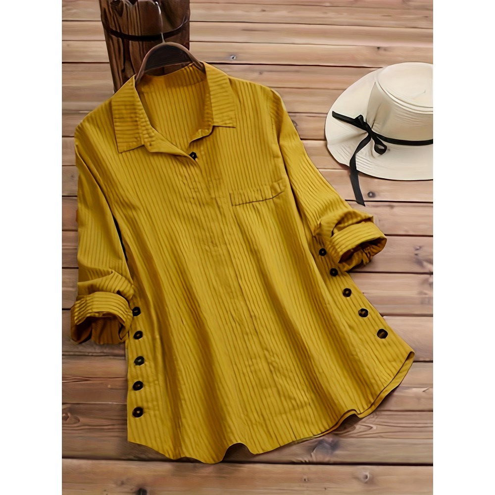 Solid Side Button Blouse, Boho Collar Rollable Sleeve Blouse, Women's Clothing Solid Side Button Blouse, Boho Collar Rollable Sleeve Blouse, Women's Clothing