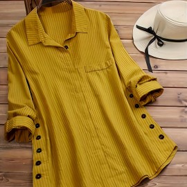 Solid Side Button Blouse, Boho Collar Rollable Sleeve Blouse, Women's Clothing Solid Side Button Blouse, Boho Collar Rollable Sleeve Blouse, Women's Clothing