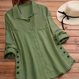 Solid Side Button Blouse, Boho Collar Rollable Sleeve Blouse, Women's Clothing Solid Side Button Blouse, Boho Collar Rollable Sleeve Blouse, Women's Clothing