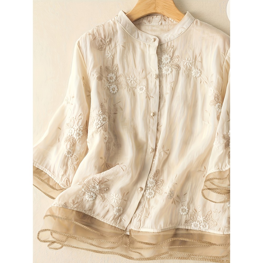 Contrast Trim Button Front Blouse, Casual Three-quarter Sleeve Blouse For Spring & Summer, Women's Clothing Contrast Trim Button Front Blouse, Casual Three-quarter Sleeve Blouse For Spring & Summer, Women's Clothing