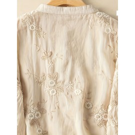 Contrast Trim Button Front Blouse, Casual Three-quarter Sleeve Blouse For Spring & Summer, Women's Clothing Contrast Trim Button Front Blouse, Casual Three-quarter Sleeve Blouse For Spring & Summer, Women's Clothing