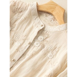 Contrast Trim Button Front Blouse, Casual Three-quarter Sleeve Blouse For Spring & Summer, Women's Clothing Contrast Trim Button Front Blouse, Casual Three-quarter Sleeve Blouse For Spring & Summer, Women's Clothing