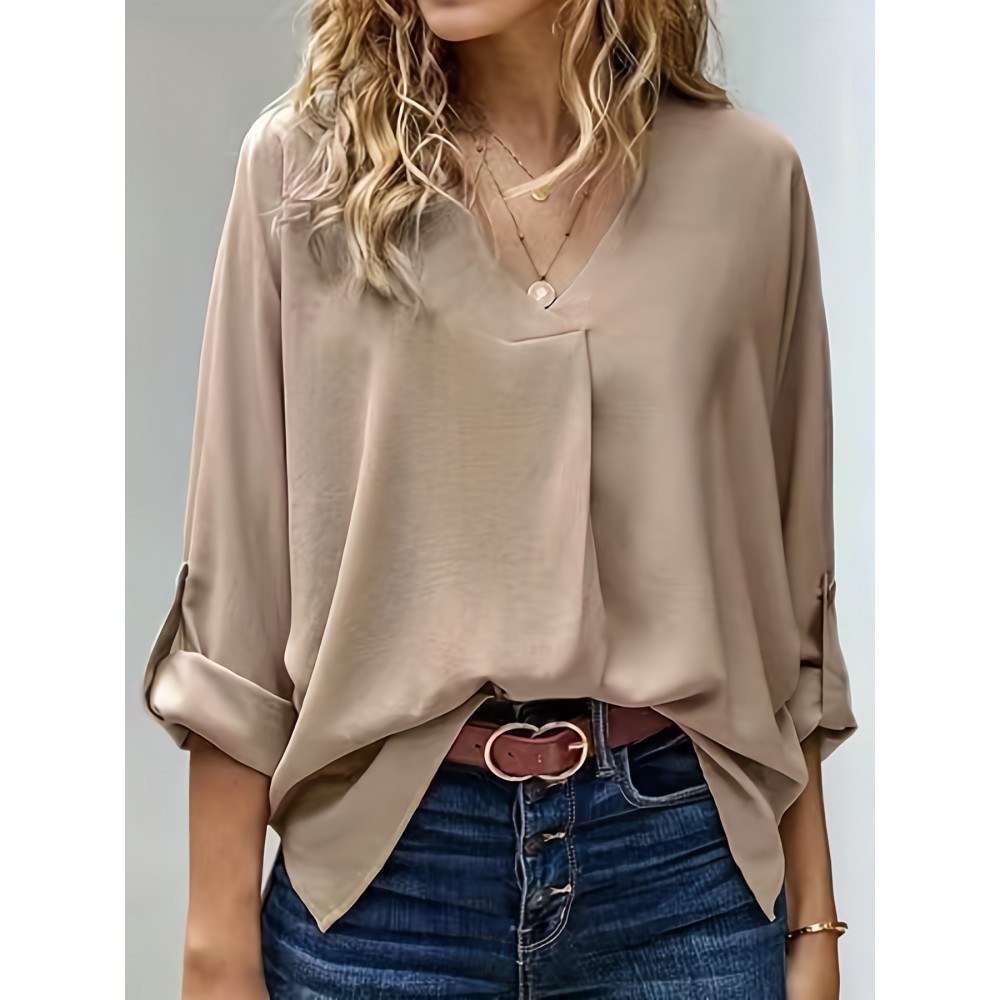 Tucked Rollable Sleeve Blouse, Casual V Neck Simple Blouse, Women's Clothing Tucked Rollable Sleeve Blouse, Casual V Neck Simple Blouse, Women's Clothing
