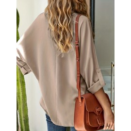 Tucked Rollable Sleeve Blouse, Casual V Neck Simple Blouse, Women's Clothing Tucked Rollable Sleeve Blouse, Casual V Neck Simple Blouse, Women's Clothing