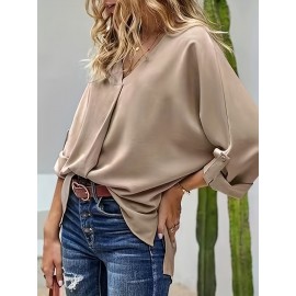 Tucked Rollable Sleeve Blouse, Casual V Neck Simple Blouse, Women's Clothing Tucked Rollable Sleeve Blouse, Casual V Neck Simple Blouse, Women's Clothing
