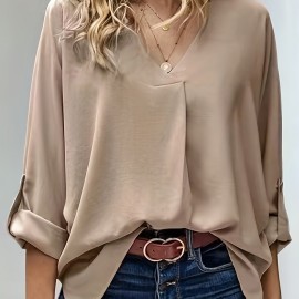 Tucked Rollable Sleeve Blouse, Casual V Neck Simple Blouse, Women's Clothing Tucked Rollable Sleeve Blouse, Casual V Neck Simple Blouse, Women's Clothing