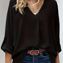 Tucked Rollable Sleeve Blouse, Casual V Neck Simple Blouse, Women's Clothing Tucked Rollable Sleeve Blouse, Casual V Neck Simple Blouse, Women's Clothing