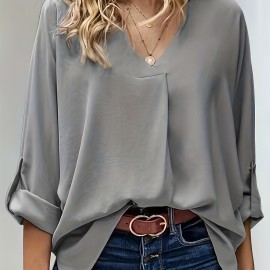 Tucked Rollable Sleeve Blouse, Casual V Neck Simple Blouse, Women's Clothing Tucked Rollable Sleeve Blouse, Casual V Neck Simple Blouse, Women's Clothing