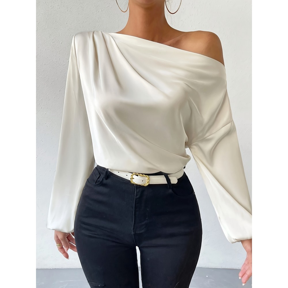 Solid One-shoulder Skew Neck Blouse, Elegant Long Sleeve Blouse For Spring & Fall, Women's Clothing Solid One-shoulder Skew Neck Blouse, Elegant Long Sleeve Blouse For Spring & Fall, Women's Clothing