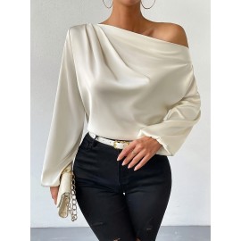 Solid One-shoulder Skew Neck Blouse, Elegant Long Sleeve Blouse For Spring & Fall, Women's Clothing Solid One-shoulder Skew Neck Blouse, Elegant Long Sleeve Blouse For Spring & Fall, Women's Clothing