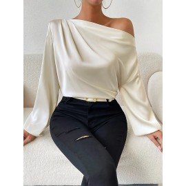 Solid One-shoulder Skew Neck Blouse, Elegant Long Sleeve Blouse For Spring & Fall, Women's Clothing Solid One-shoulder Skew Neck Blouse, Elegant Long Sleeve Blouse For Spring & Fall, Women's Clothing