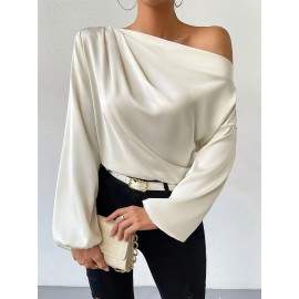 Solid One-shoulder Skew Neck Blouse, Elegant Long Sleeve Blouse For Spring & Fall, Women's Clothing Solid One-shoulder Skew Neck Blouse, Elegant Long Sleeve Blouse For Spring & Fall, Women's Clothing
