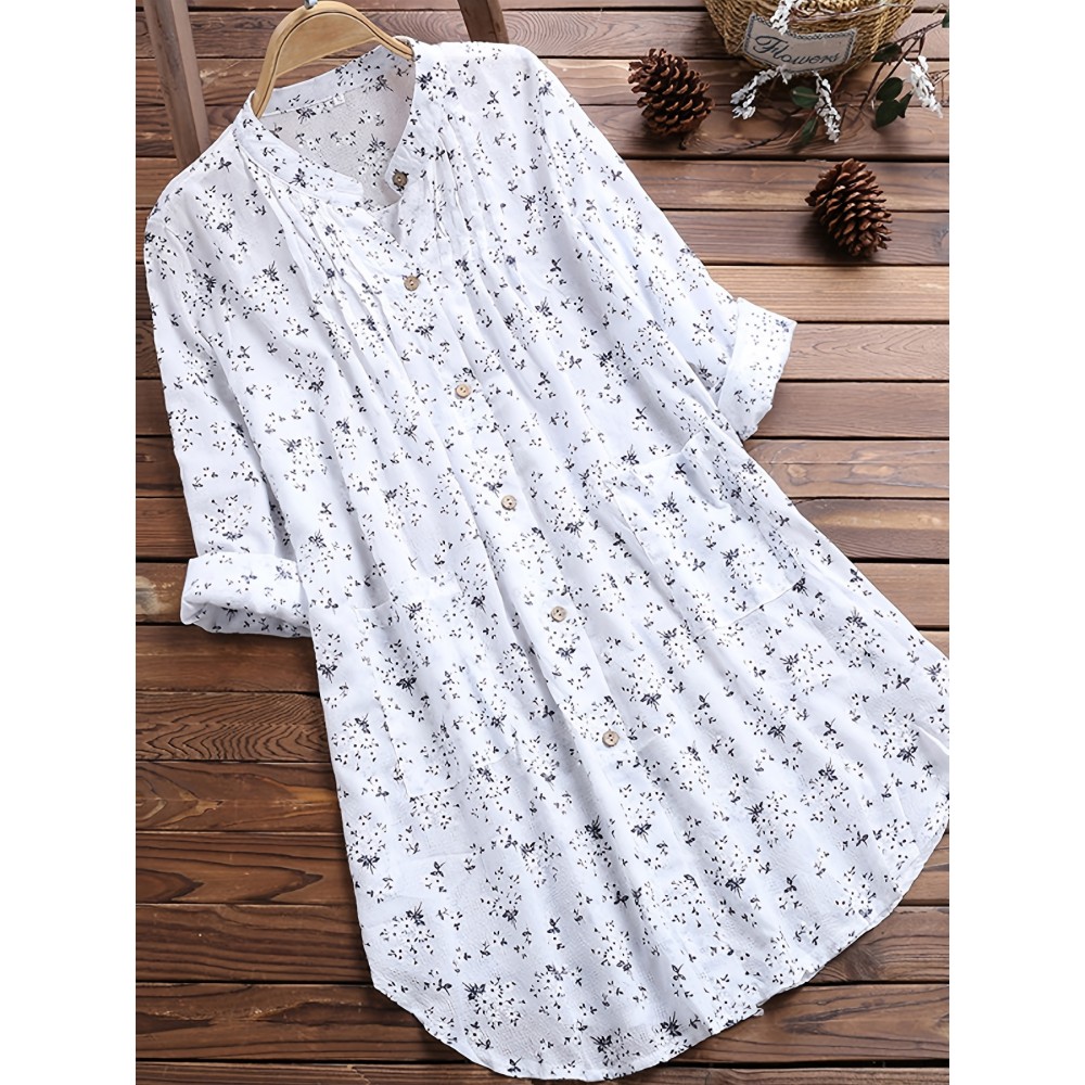 Floral Print Pleated V-neck Long Blouses, Casual Loose Button Down Long Sleeve Fashion Long Shirts Tops, Women's Clothing Floral Print Pleated V-neck Long Blouses, Casual Loose Button Down Long Sleeve Fashion Long Shirts Tops, Women's Clothing