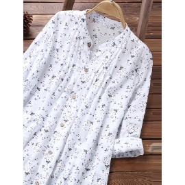 Floral Print Pleated V-neck Long Blouses, Casual Loose Button Down Long Sleeve Fashion Long Shirts Tops, Women's Clothing Floral Print Pleated V-neck Long Blouses, Casual Loose Button Down Long Sleeve Fashion Long Shirts Tops, Women's Clothing