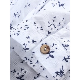 Floral Print Pleated V-neck Long Blouses, Casual Loose Button Down Long Sleeve Fashion Long Shirts Tops, Women's Clothing Floral Print Pleated V-neck Long Blouses, Casual Loose Button Down Long Sleeve Fashion Long Shirts Tops, Women's Clothing