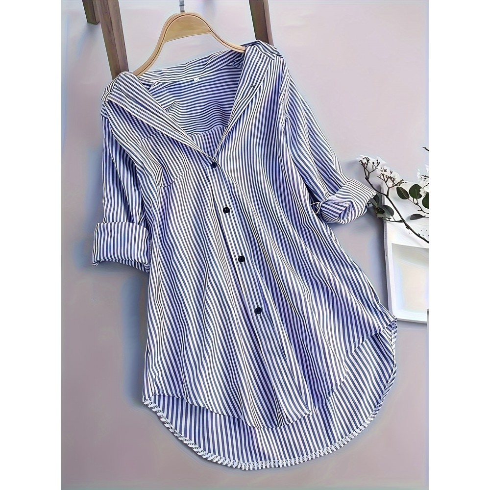 Stripe Print Polo Collar Button Shirt, Casual Long Sleeve Shirt For Spring & Fall, Women's Clothing Stripe Print Polo Collar Button Shirt, Casual Long Sleeve Shirt For Spring & Fall, Women's Clothing
