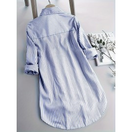 Stripe Print Polo Collar Button Shirt, Casual Long Sleeve Shirt For Spring & Fall, Women's Clothing Stripe Print Polo Collar Button Shirt, Casual Long Sleeve Shirt For Spring & Fall, Women's Clothing