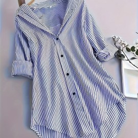 Stripe Print Polo Collar Button Shirt, Casual Long Sleeve Shirt For Spring & Fall, Women's Clothing Stripe Print Polo Collar Button Shirt, Casual Long Sleeve Shirt For Spring & Fall, Women's Clothing