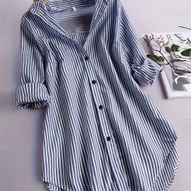 Stripe Print Polo Collar Button Shirt, Casual Long Sleeve Shirt For Spring & Fall, Women's Clothing Stripe Print Polo Collar Button Shirt, Casual Long Sleeve Shirt For Spring & Fall, Women's Clothing