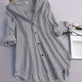 Stripe Print Polo Collar Button Shirt, Casual Long Sleeve Shirt For Spring & Fall, Women's Clothing Stripe Print Polo Collar Button Shirt, Casual Long Sleeve Shirt For Spring & Fall, Women's Clothing