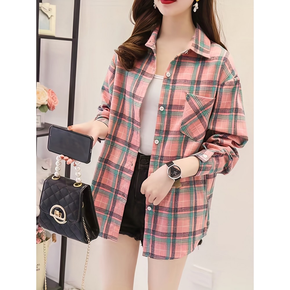 Plaid Pocket Drop Shoulder Shirt, Button Long Sleeve Shirt, Casual Every Day Tops, Women's Clothing Plaid Pocket Drop Shoulder Shirt, Button Long Sleeve Shirt, Casual Every Day Tops, Women's Clothing