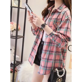 Plaid Pocket Drop Shoulder Shirt, Button Long Sleeve Shirt, Casual Every Day Tops, Women's Clothing Plaid Pocket Drop Shoulder Shirt, Button Long Sleeve Shirt, Casual Every Day Tops, Women's Clothing