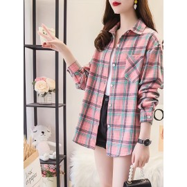Plaid Pocket Drop Shoulder Shirt, Button Long Sleeve Shirt, Casual Every Day Tops, Women's Clothing Plaid Pocket Drop Shoulder Shirt, Button Long Sleeve Shirt, Casual Every Day Tops, Women's Clothing