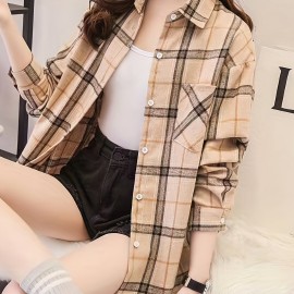 Plaid Pocket Drop Shoulder Shirt, Button Long Sleeve Shirt, Casual Every Day Tops, Women's Clothing Plaid Pocket Drop Shoulder Shirt, Button Long Sleeve Shirt, Casual Every Day Tops, Women's Clothing