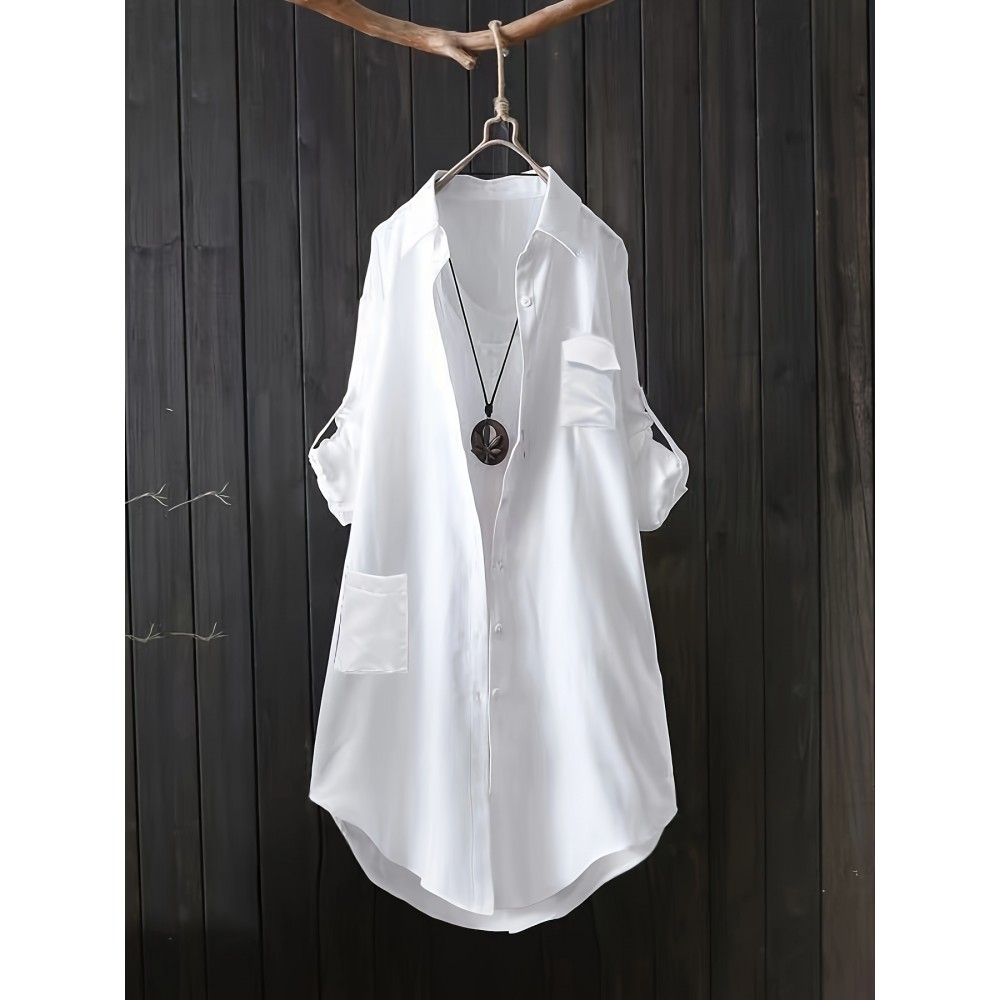 Solid Pocket Polo Collar Button Shirt, Casual Long Sleeve Shirt For Spring & Fall, Women's Clothing Solid Pocket Polo Collar Button Shirt, Casual Long Sleeve Shirt For Spring & Fall, Women's Clothing