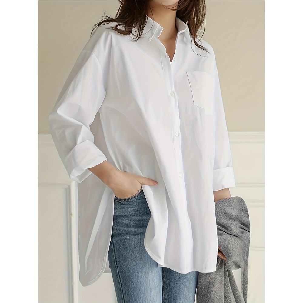 Solid Button Front Curved Hem Shirt, Casual Long Sleeve Shirt For Spring & Fall, Women's Clothing Solid Button Front Curved Hem Shirt, Casual Long Sleeve Shirt For Spring & Fall, Women's Clothing