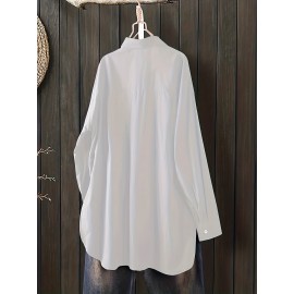 Solid Button Front Curved Hem Shirt, Casual Long Sleeve Shirt For Spring & Fall, Women's Clothing Solid Button Front Curved Hem Shirt, Casual Long Sleeve Shirt For Spring & Fall, Women's Clothing