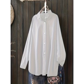 Solid Button Front Curved Hem Shirt, Casual Long Sleeve Shirt For Spring & Fall, Women's Clothing Solid Button Front Curved Hem Shirt, Casual Long Sleeve Shirt For Spring & Fall, Women's Clothing