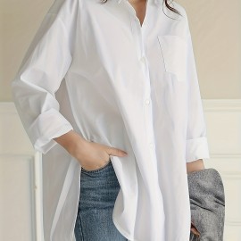 Solid Button Front Curved Hem Shirt, Casual Long Sleeve Shirt For Spring & Fall, Women's Clothing Solid Button Front Curved Hem Shirt, Casual Long Sleeve Shirt For Spring & Fall, Women's Clothing