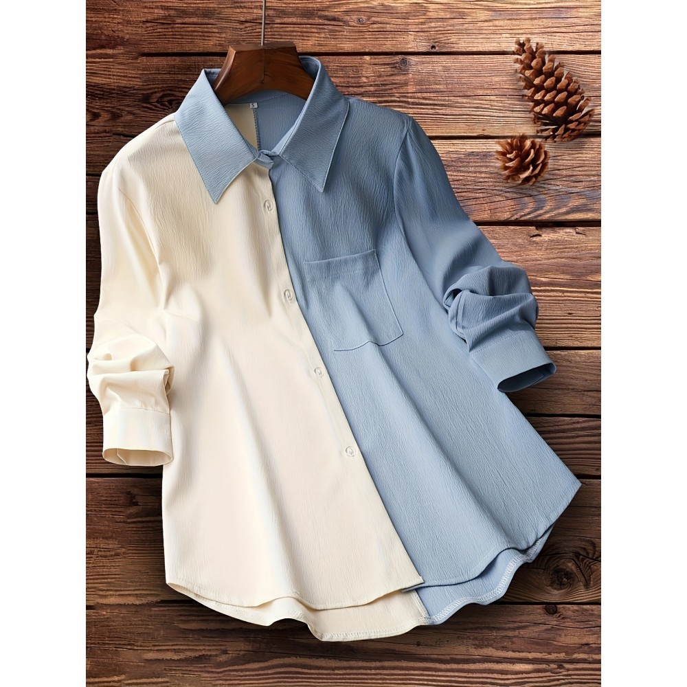 Colorblock Polo Collar Button Shirt, Casual Long Sleeve Shirt For Spring & Fall, Women's Clothing Colorblock Polo Collar Button Shirt, Casual Long Sleeve Shirt For Spring & Fall, Women's Clothing