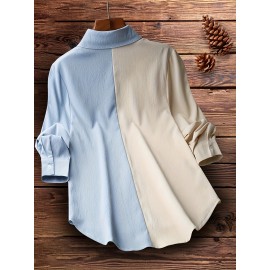 Colorblock Polo Collar Button Shirt, Casual Long Sleeve Shirt For Spring & Fall, Women's Clothing Colorblock Polo Collar Button Shirt, Casual Long Sleeve Shirt For Spring & Fall, Women's Clothing
