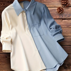 Colorblock Polo Collar Button Shirt, Casual Long Sleeve Shirt For Spring & Fall, Women's Clothing Colorblock Polo Collar Button Shirt, Casual Long Sleeve Shirt For Spring & Fall, Women's Clothing