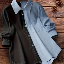 Colorblock Polo Collar Button Shirt, Casual Long Sleeve Shirt For Spring & Fall, Women's Clothing Colorblock Polo Collar Button Shirt, Casual Long Sleeve Shirt For Spring & Fall, Women's Clothing