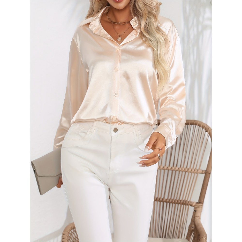 Solid Smoothly Shirt, Elegant Button Front Turn Down Collar Long Sleeve Shirt, Women's Clothing Solid Smoothly Shirt, Elegant Button Front Turn Down Collar Long Sleeve Shirt, Women's Clothing