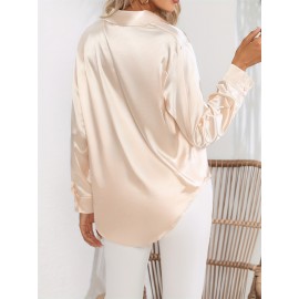 Solid Smoothly Shirt, Elegant Button Front Turn Down Collar Long Sleeve Shirt, Women's Clothing Solid Smoothly Shirt, Elegant Button Front Turn Down Collar Long Sleeve Shirt, Women's Clothing