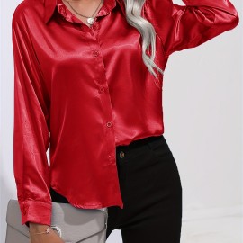 Solid Smoothly Shirt, Elegant Button Front Turn Down Collar Long Sleeve Shirt, Women's Clothing Solid Smoothly Shirt, Elegant Button Front Turn Down Collar Long Sleeve Shirt, Women's Clothing